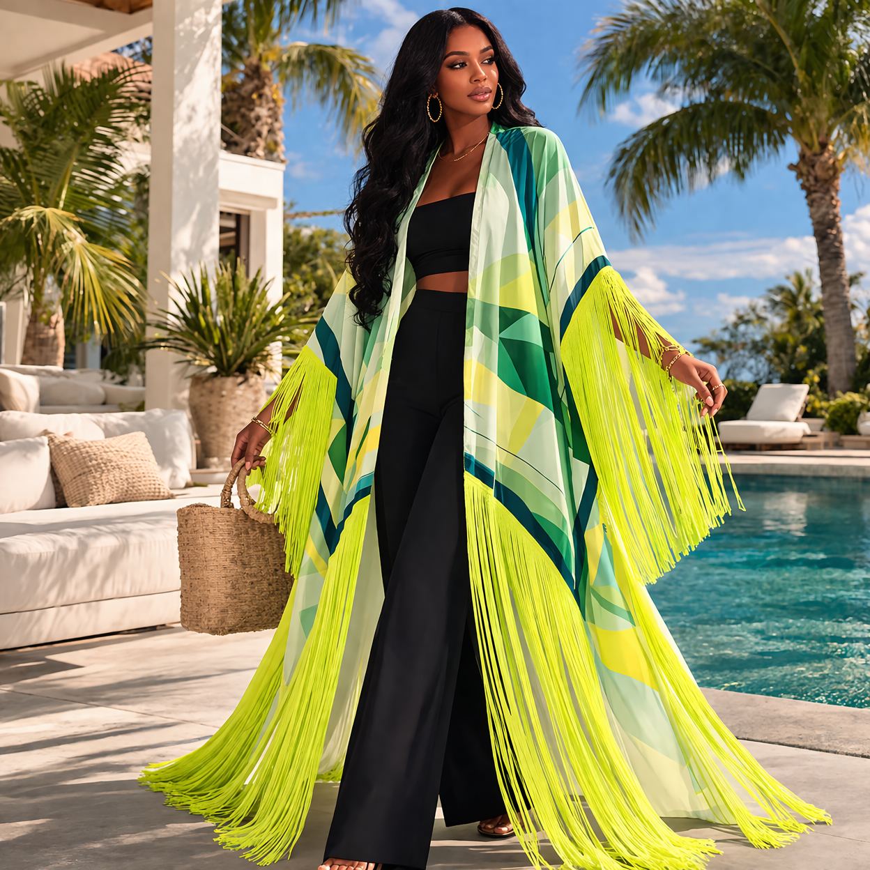 Tasseled Kimono Cover Up – Neon Tropical Oasis Beach Wrap